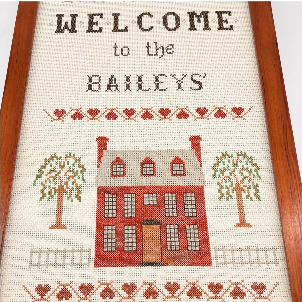 Vintage Handmade Cross Stitch Welcome Baileys Colonial House Wood Frame 24x14.5 - Picture 2 of 8